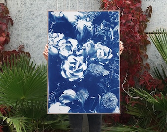 Blue Flowers Bouquet / Cyanotype on Watercolor Paper / 100x70 cm