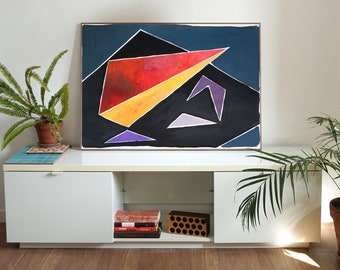 2021, Futuristic Constructivist Geometry on Black, Primary Tones Triangles and Shaoes on Watercolor Paper, Red, Yellow and Purple