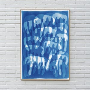 Blue Monotype Cyanotype Diptych, Minimalist Lake District Art