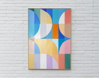 2025, geometric Bauhaus Landscape, Acrylic Painting on Watercolor Paper of Sky Through Valley, Turquoise Grid and Yellow Arched Moons