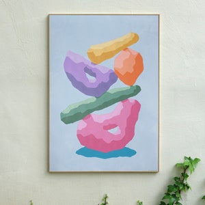 Rainbow Totem, Abstract Sculptured Shapes  in Pastel Tones, Soft Pink, Orange and Green on Baby Blue