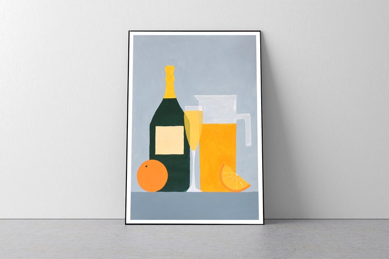 2023, Orange Mimosa, Modern Still Life, Silver Tones, Traditional Italian, Gray Hue Vertical Painting, Kitchen Scene, Restaurant Art, Cava image 1