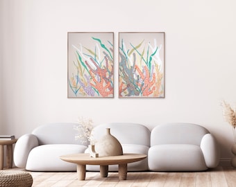Orange and Turquoise Corals / Gouache Crayon on Watercolor Paper / 2025