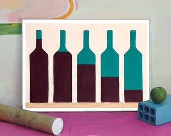 2023, Five Wine Bottles, Modern Still Life, Naive Style, Wine Cellar, Modern Kitchen, Bar Scene, Earth Tones, Beverage Art