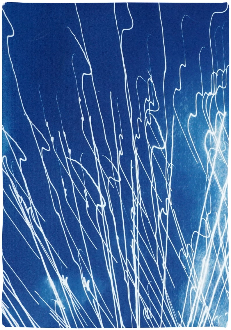 Large Diptych of Firework Lights, Blue and White City Lights, Minimal, Electrical Cyanotype on Watercolor Paper, Handmade, New Year's Eve image 4