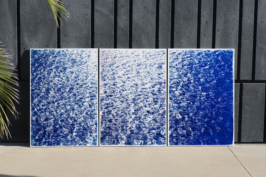French Riviera Cyanotype Triptych, Abstract Seascape Painting (40x84 In ...