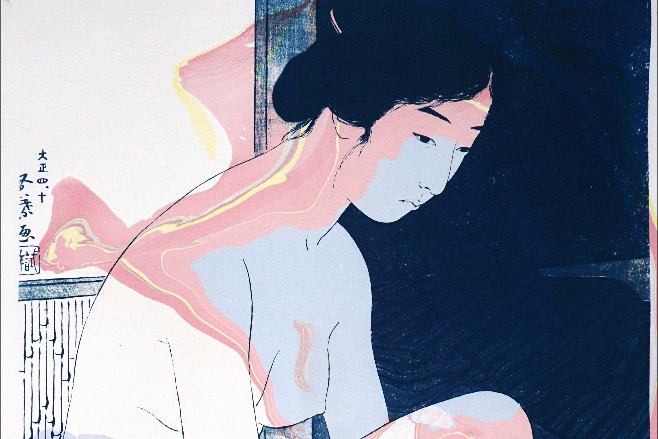 Woman After A Bath Handmade Sumi Marbling On Cyanotype Print 21
