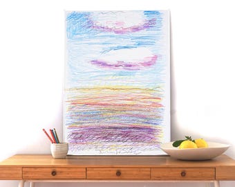 Two Clouds / Watercolor and Wax Crayon on Watercolor Paper / 2024