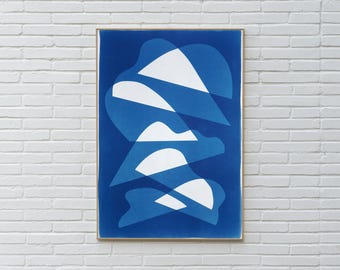 Curved Mirrors / Handmade Unique Monotype - Cyanotype on Watercolor Paper / 2025