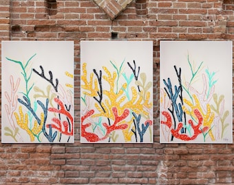 2025, Figurative Landscape of Coral Reef in primary Tones, Fresh Art, Wall Art Large Triptych, Seascape in Vivid Tones on Watercolor Paper