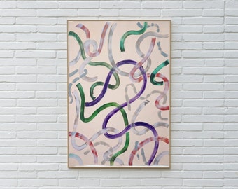Green and Purple Outlines on Ivory / Acrylic Painting on Paper / 100x70 cm / 2020