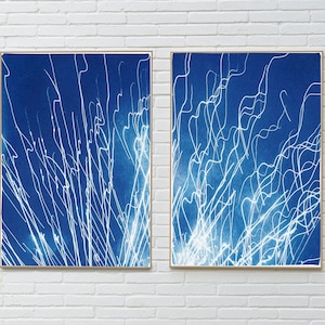 Large Diptych of Firework Lights, Blue and White City Lights, Minimal, Electrical Cyanotype on Watercolor Paper, Handmade, New Year's Eve image 6