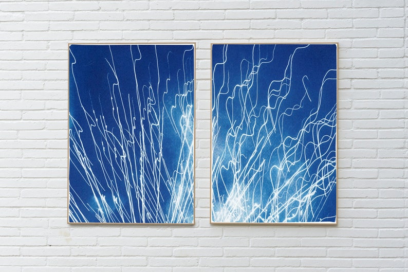 Large Diptych of Firework Lights, Blue and White City Lights, Minimal, Electrical Cyanotype on Watercolor Paper, Handmade, New Year's Eve image 6