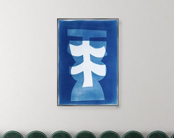 Asian Totem / Unique Handmade Monotype - Cyanotype on Watercolor Paper / 2025