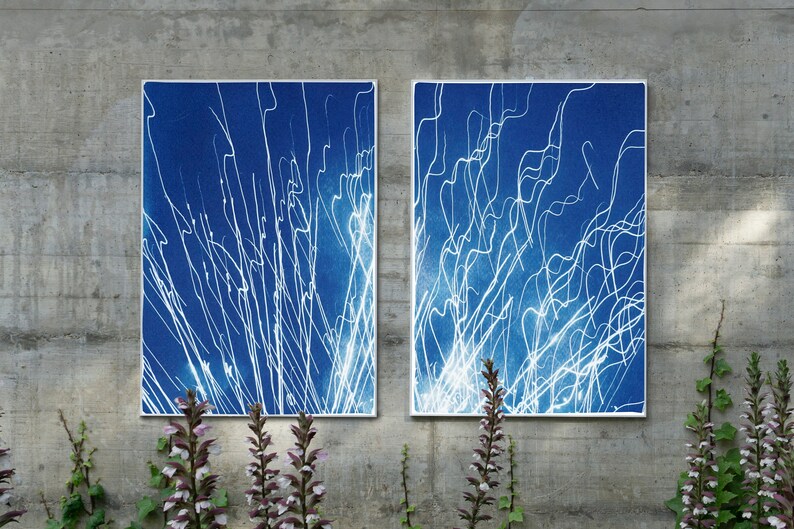 Large Diptych of Firework Lights, Blue and White City Lights, Minimal, Electrical Cyanotype on Watercolor Paper, Handmade, New Year's Eve image 1