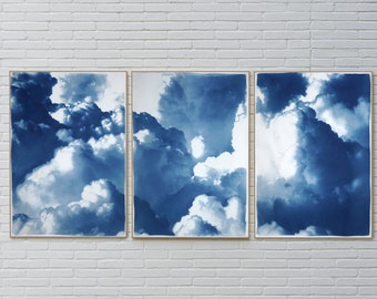 Gorgeous Blue Triptych of Dense Rolling Clouds, Blue Tones Cyanotype Print on Watercolor Paper, Sky, Cosmos, Limited Edition, Extra Large