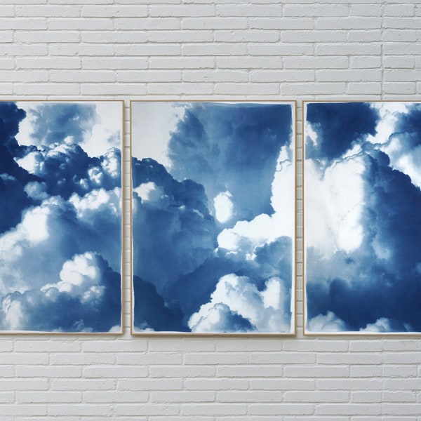 Gorgeous Blue Triptych of Dense Rolling Clouds, Blue Tones Cyanotype Print on Watercolor Paper, Sky, Cosmos, Limited Edition, Extra Large