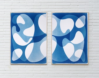 Blue Modular Forms / Handmade Unique Monotype-Cyanotype on Watercolor Paper / 2025