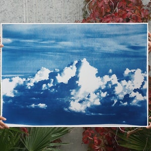 Blustery Clouds After a Storm,100x70 cm Sky Blue Handprinted Cyanotype on Watercolor Paper, Meaningful Scene, Stormy Clouds Art, Large Sky