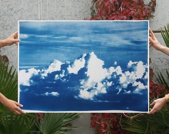 Blustery Clouds After a Storm,100x70 cm Sky Blue Handprinted Cyanotype on Watercolor Paper, Meaningful Scene, Stormy Clouds Art, Large Sky