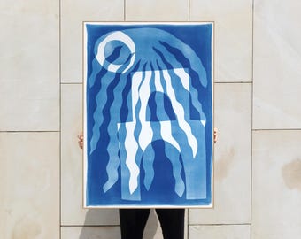 2025, Desert Modernism Style, Unique Monotype Cyanotype in Blue Tones of, Desert Architecture and Palms, Surreal Minimal Landscape, Handmade
