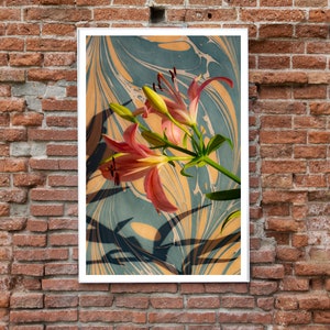 2021, Contemporary Still Life Giclée of Pink Lilies on Marble Swirls, Pastel Tones Palette, Botanical Vertical Print, Modern Flowers Set image 4