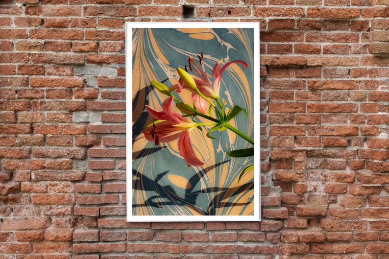 2021, Contemporary Still Life Giclée of Pink Lilies on Marble Swirls, Pastel Tones Palette, Botanical Vertical Print, Modern Flowers Set image 4