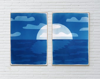Sunset Over Ocean / Monotype Cyanotype on Watercolor Paper / 2025