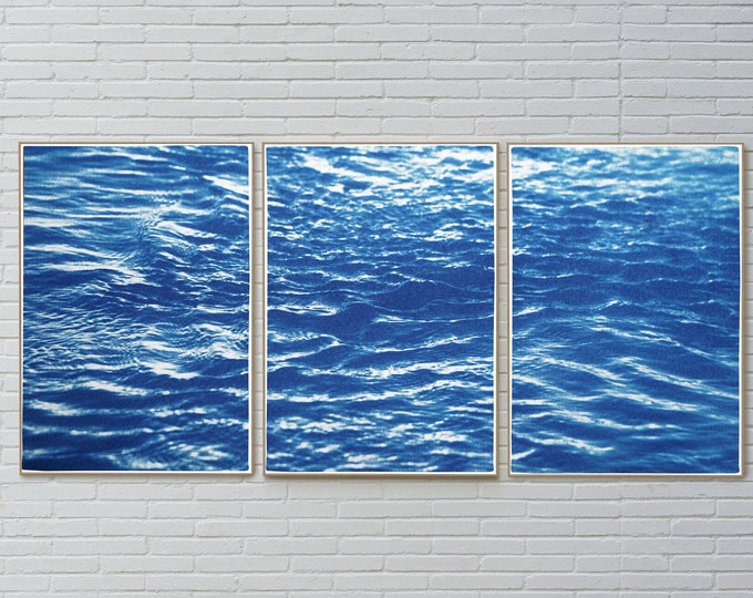 Refreshing River Flow / Nautical Cyanotype Triptych on Watercolor Paper / 100x210 cm