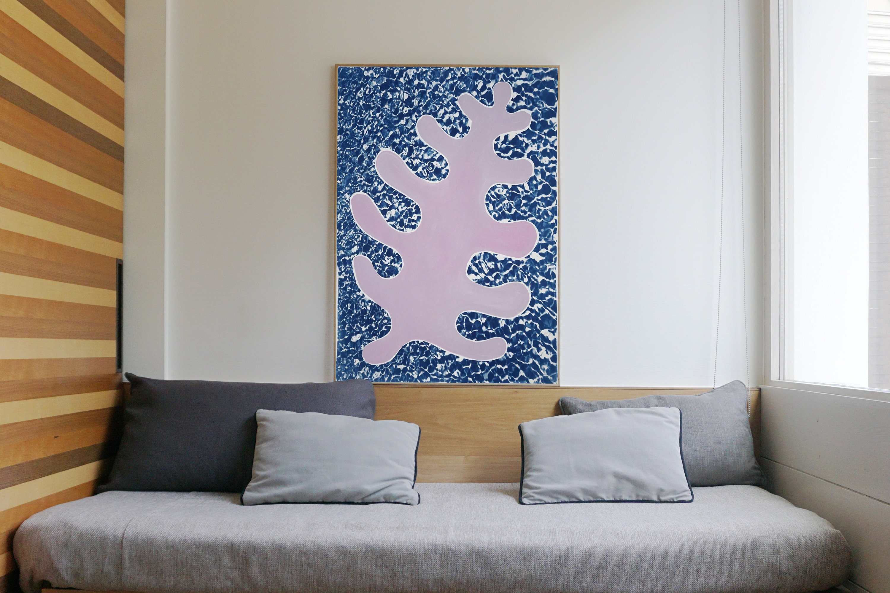 Lilac Leaf on Water / Mixed Media Acrylic Painting on Cyanotype Print / 2020