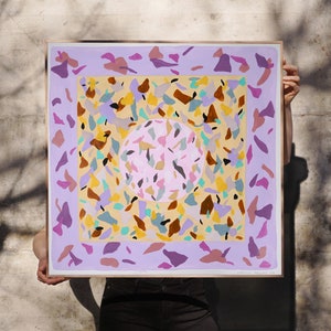 2022, Squared Painting, Terrazzo Tiles Pattern in Pastel Pink, Mauve and Purple, Abstract Patterns, Memphis Style, Vivid Tones, Geometric