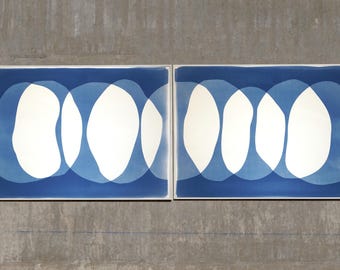 Nine Lives, Minimal Style Diptych, Circles Transparencies Horizontal Sequence, Handmade Monotype Cyanotype in Blue