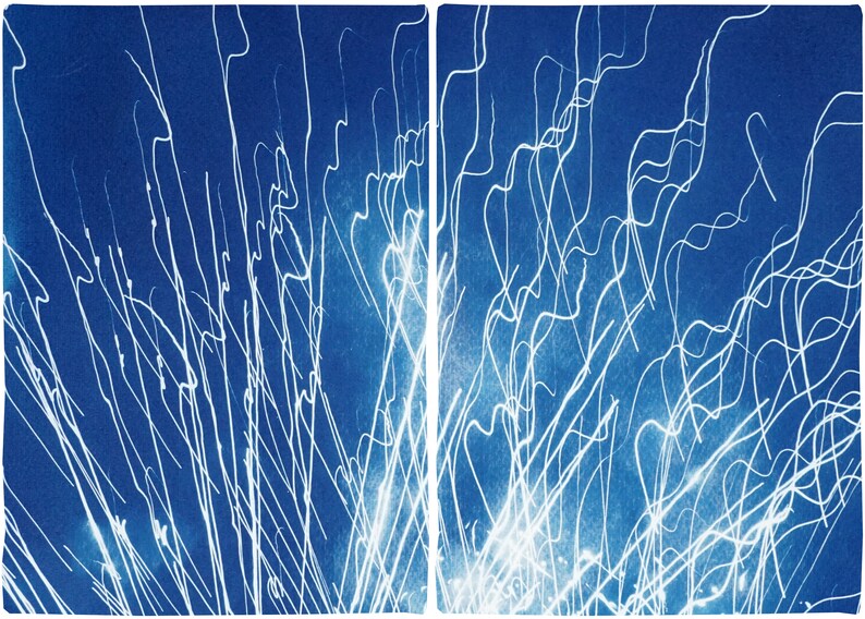 Large Diptych of Firework Lights, Blue and White City Lights, Minimal, Electrical Cyanotype on Watercolor Paper, Handmade, New Year's Eve image 2