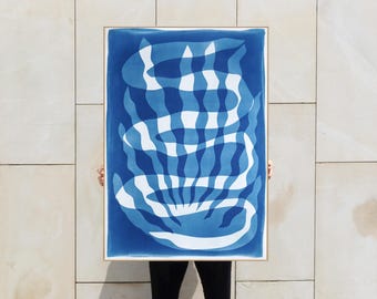Deep Ocean Whirlpool / Unique Monotype Cyanotype on Watercolor Paper / 2021