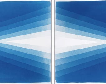 Blue Diamond  (x2) / Handmande Unique Monotype Cyanotype on Watercolor Paper / 2025