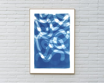 Falling Swirls in Blue Tones, Vertical Abstract Handmade Print of Organic Curvy Layers and Shades, Modern House Wall Decor, Neutral Shapes