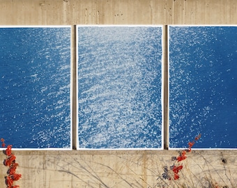 Colossal Triptych of Splendorous Amalfi Coast , Cyanotype Seascape on Watercolor Paper, Mediterranean Landscape of Italian Shore, 2021