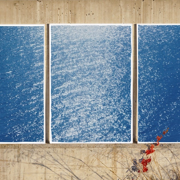 Colossal Triptych of Splendorous Amalfi Coast , Cyanotype Seascape on Watercolor Paper, Mediterranean Landscape of Italian Shore, 2021