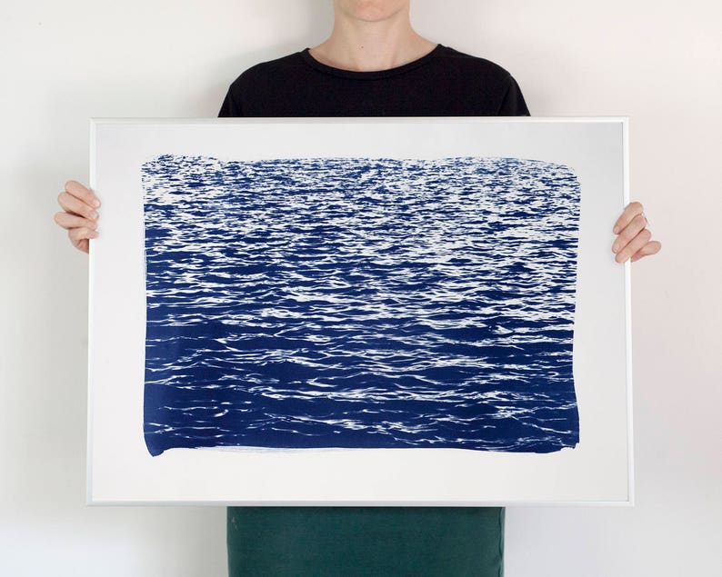 Blue Waves Seascape, Wall Art Cyanotype, Ocean Watercolor, Coastal Wall Art, Beach Decor, Waves Print, Beach Art, Sun Print, 50x70 cm image 1