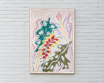 Tropical Foliage / Wax Crayon on Watercolor Paper / 2025