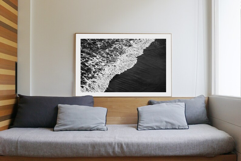Minimal Extra Large Giclée Print of Deep Black Sandy Shore, Contemporary Black and White Seascape Photograph, Nautical, Zen, Limited Edition image 1