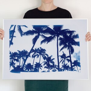 Palm Tree Landscape, Hand-Printed Cyanotype, Beach House, Coastal Wall Art, Beach Decor, Palm Leaf, Sunset, Tropical Art, Sun Print 50x70 cm