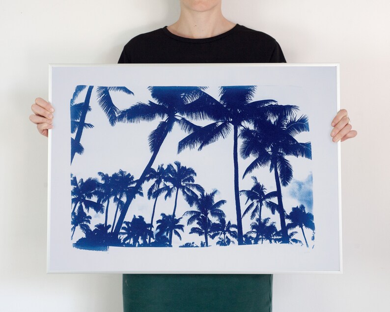 Palm shops Tree Landscape, Hand-Printed Cyanotype, Beach House, Coastal Wall Art, Beach Decor, Palm Leaf, Sunset, Tropical Art, Sun Print 50x70 cm