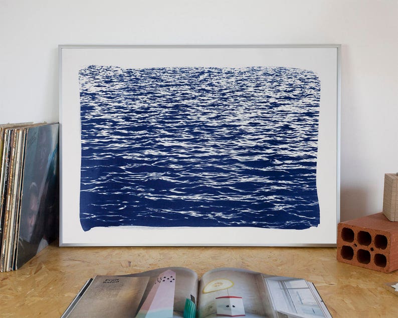 Blue Waves Seascape, Wall Art Cyanotype, Ocean Watercolor, Coastal Wall Art, Beach Decor, Waves Print, Beach Art, Sun Print, 50x70 cm image 4
