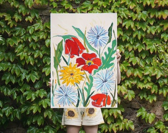 Wild Summer Flowers in Champagne / Acrylic Painting on Watercolor Paper / 2024