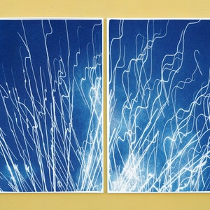 Large Diptych of Firework Lights, Blue and White City Lights, Minimal, Electrical Cyanotype on Watercolor Paper, Handmade, New Year's Eve image 3
