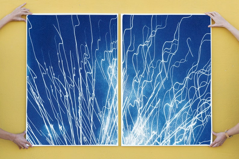 Large Diptych of Firework Lights, Blue and White City Lights, Minimal, Electrical Cyanotype on Watercolor Paper, Handmade, New Year's Eve image 3