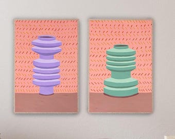 Modern Shaped Ceramic Duo, Acrylic Painting and Oil Crayon on Watercolor Paper / 2024