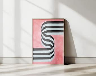 Gray and Black Ribbon, Color Field Spacial Architecture on Pink, Acrylic Paint on Watercolor Paper