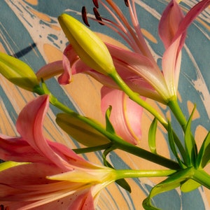 2021, Contemporary Still Life Giclée of Pink Lilies on Marble Swirls, Pastel Tones Palette, Botanical Vertical Print, Modern Flowers Set image 5